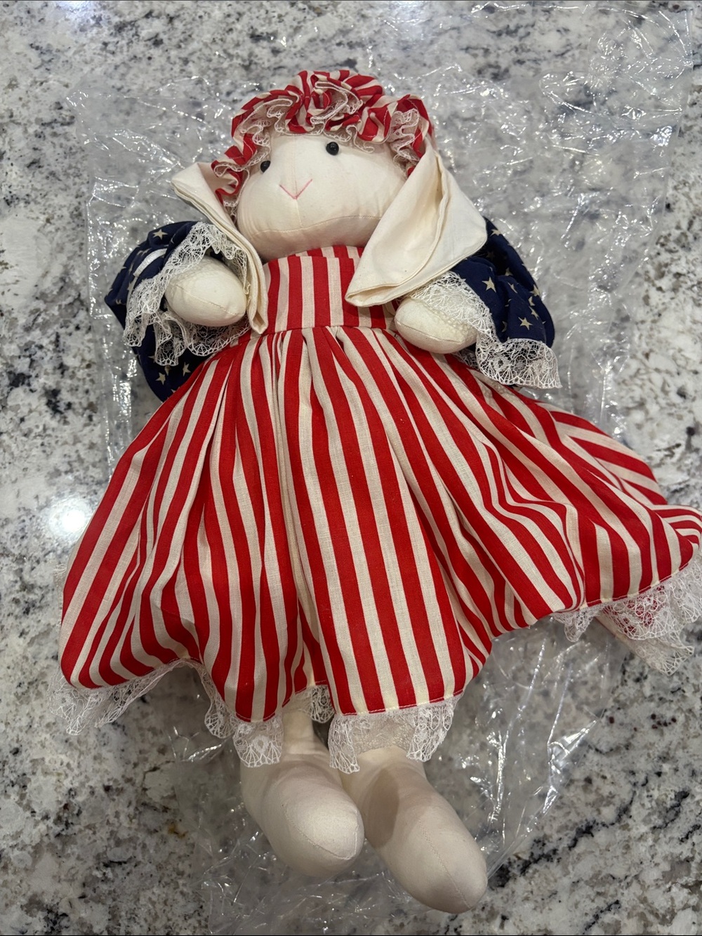 Vtg 1989 Signed Patty Marrett Folk Art Americana Bunny Doll 4th of July Decor